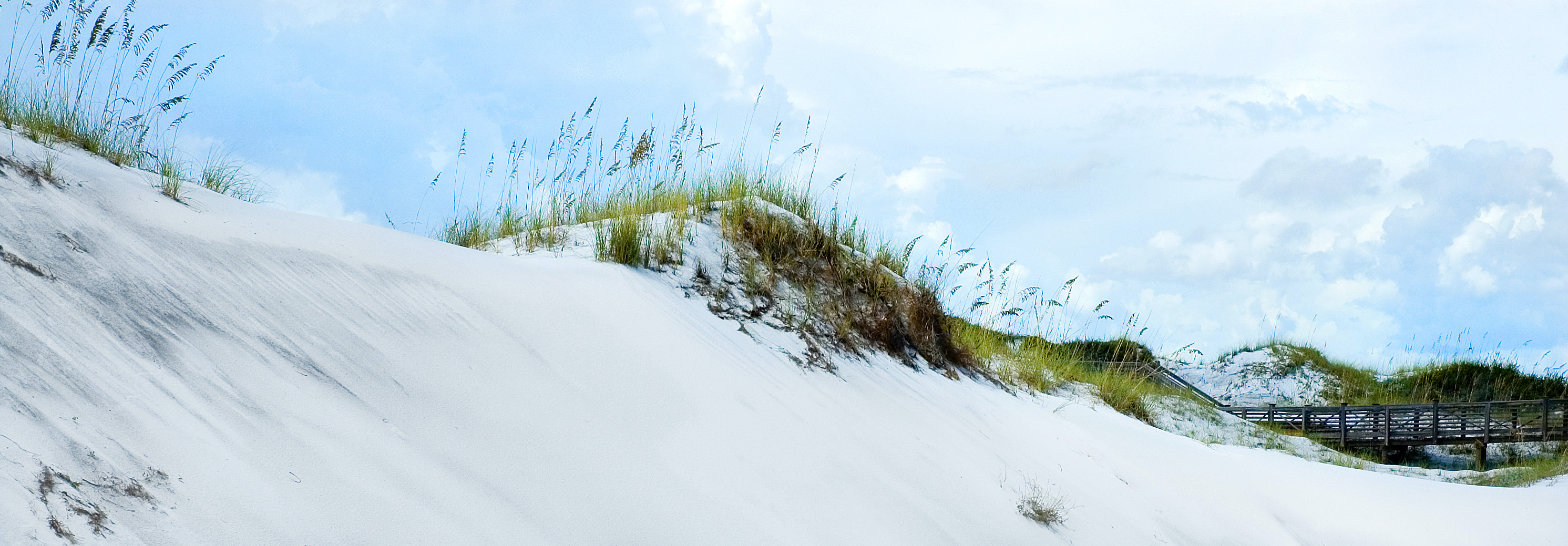 A tall sand dune toped with sea oats and grass on the beach at Watersound West Beach